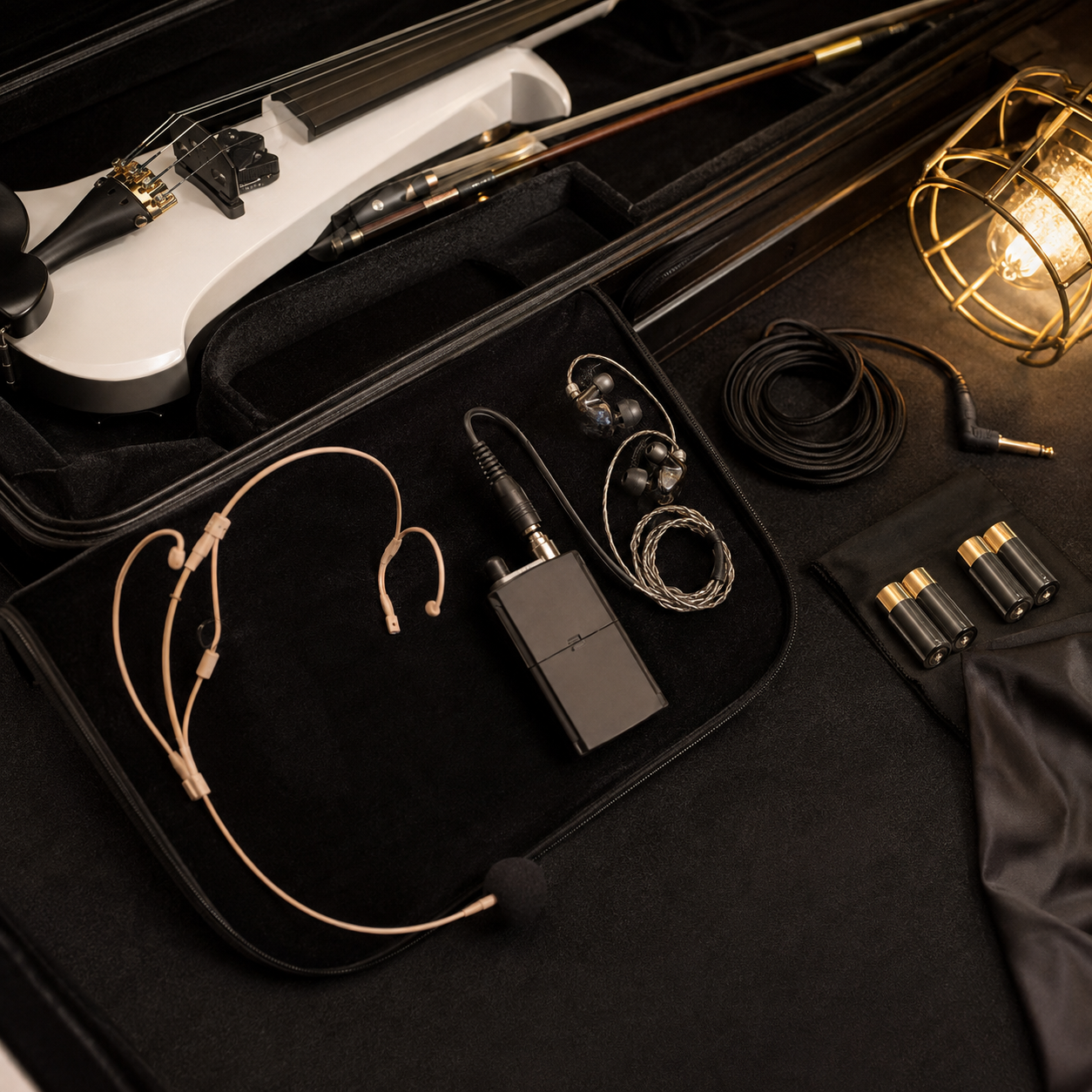 Backstage electric violin touring kit with a headset microphone, wireless bodypack, in-ear monitors, spare batteries, and coiled cables