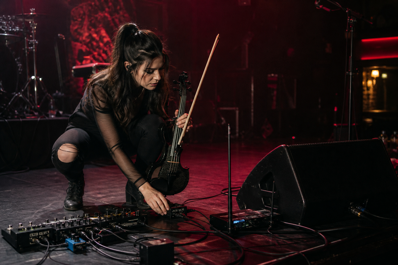 Electric violin изпълнител на червено осветена клубна сцена проследява noise проблем между pedalboard, wireless receiver, isolator и wedge monitor