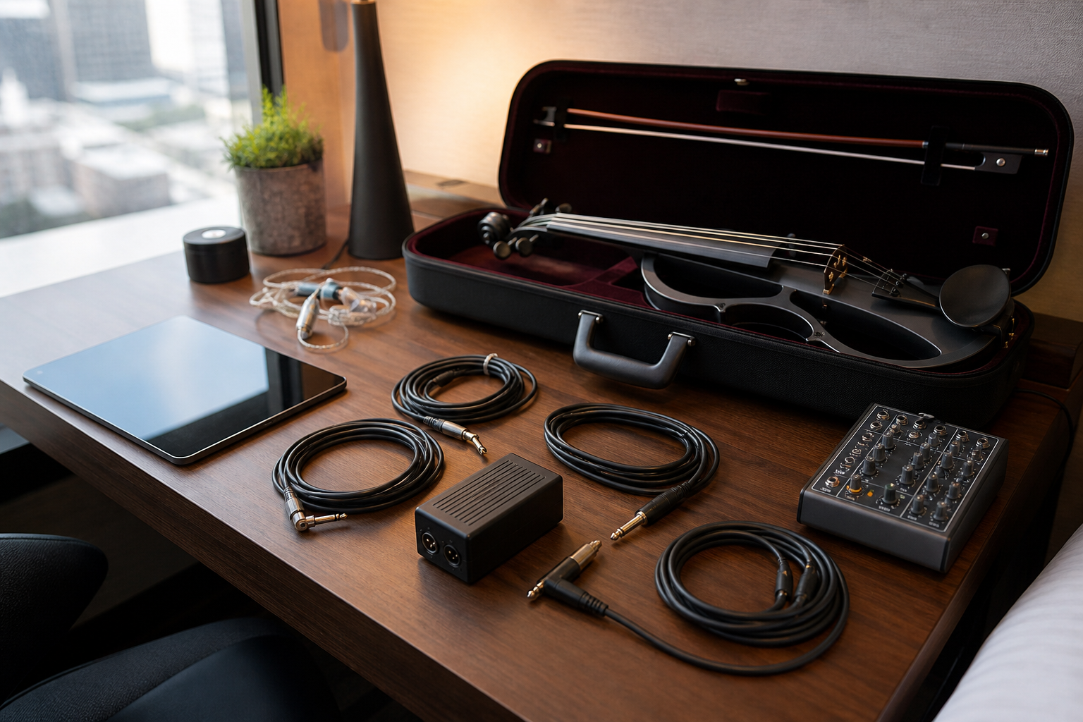 Travel-day hotel desk setup за electric violin с отворен калъф, компактен isolator, резервни кабели, таблет и малък mixer преди вечерното участие