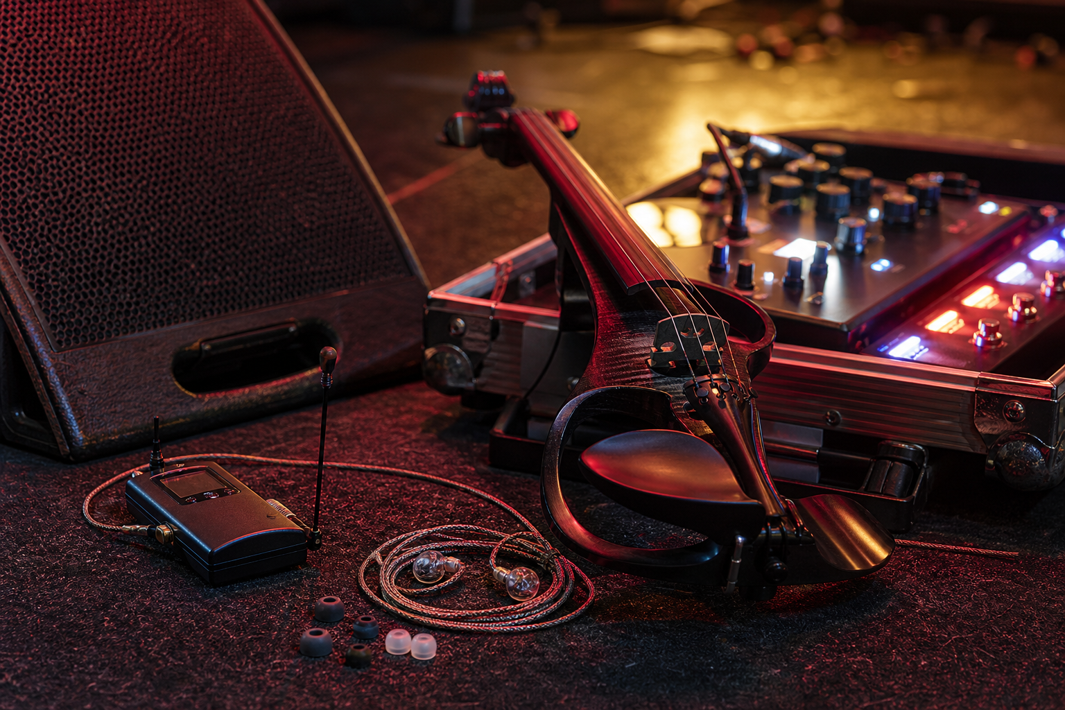 Electric violin, clear in-ear monitors, stage wedge, and compact pedalboard arranged on a small club stage