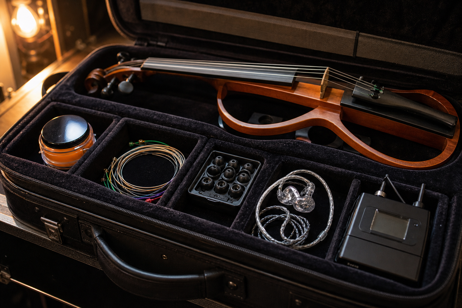 Open violin case with in-ear monitors, spare ear tips, strings, and a wireless bodypack ready for a show