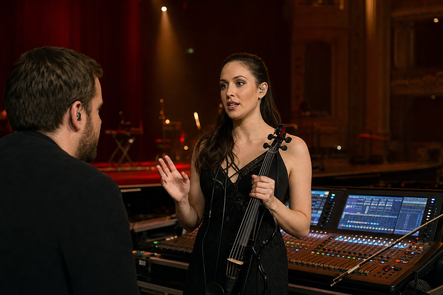 Electric violin performer discussing an in-ear monitor mix with a front-of-house engineer at the console
