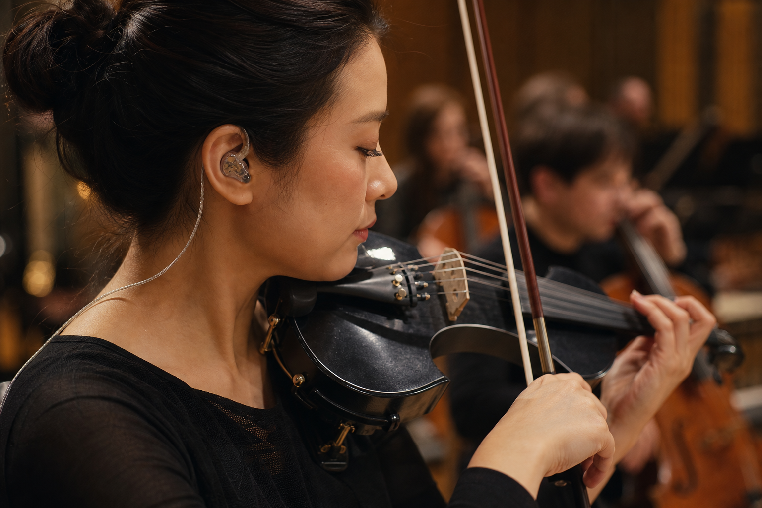 Close-up of an electric violin player wearing transparent in-ear monitors during a rehearsal session