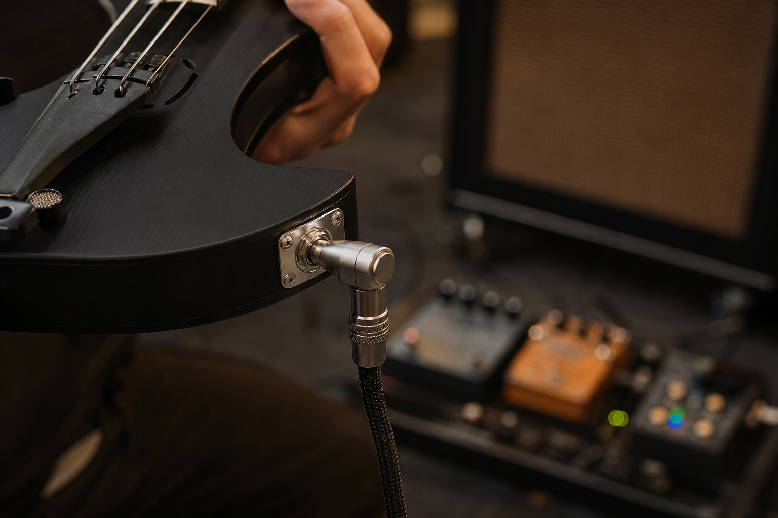 Close-up of a right-angle instrument cable connected to the output jack of a black electric violin