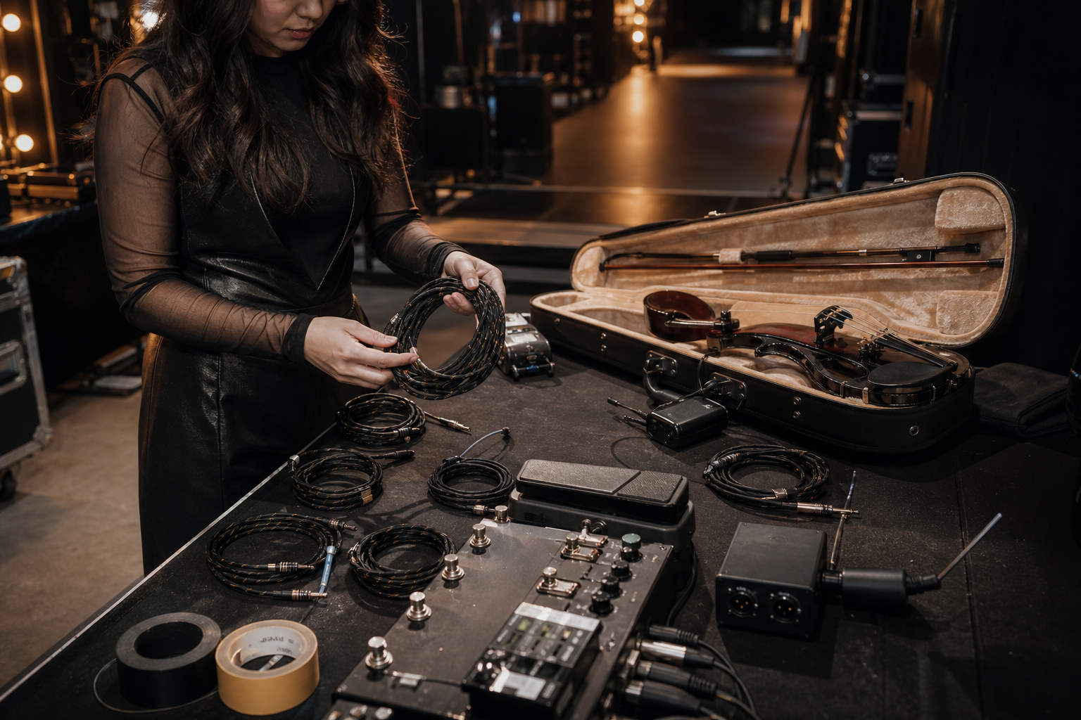 Electric violin performer coiling and organizing multiple instrument cables beside a pedalboard and open case backstage