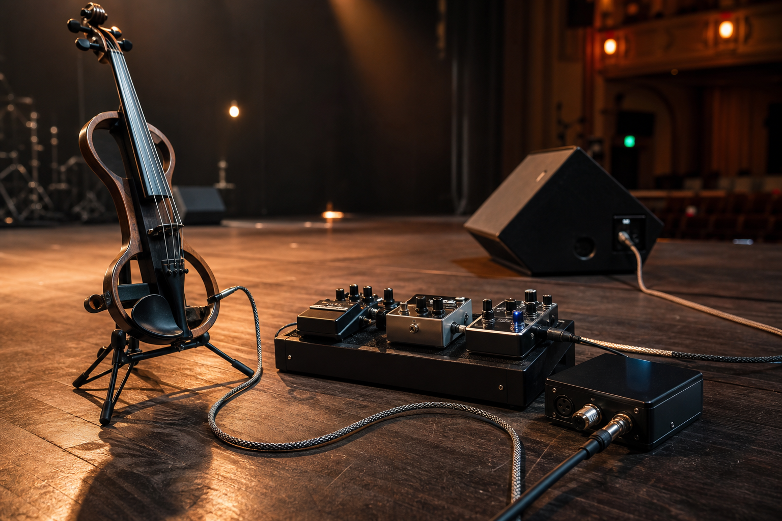 Electric violin stage rig with a braided cable routed from violin stand to pedalboard and DI box during soundcheck