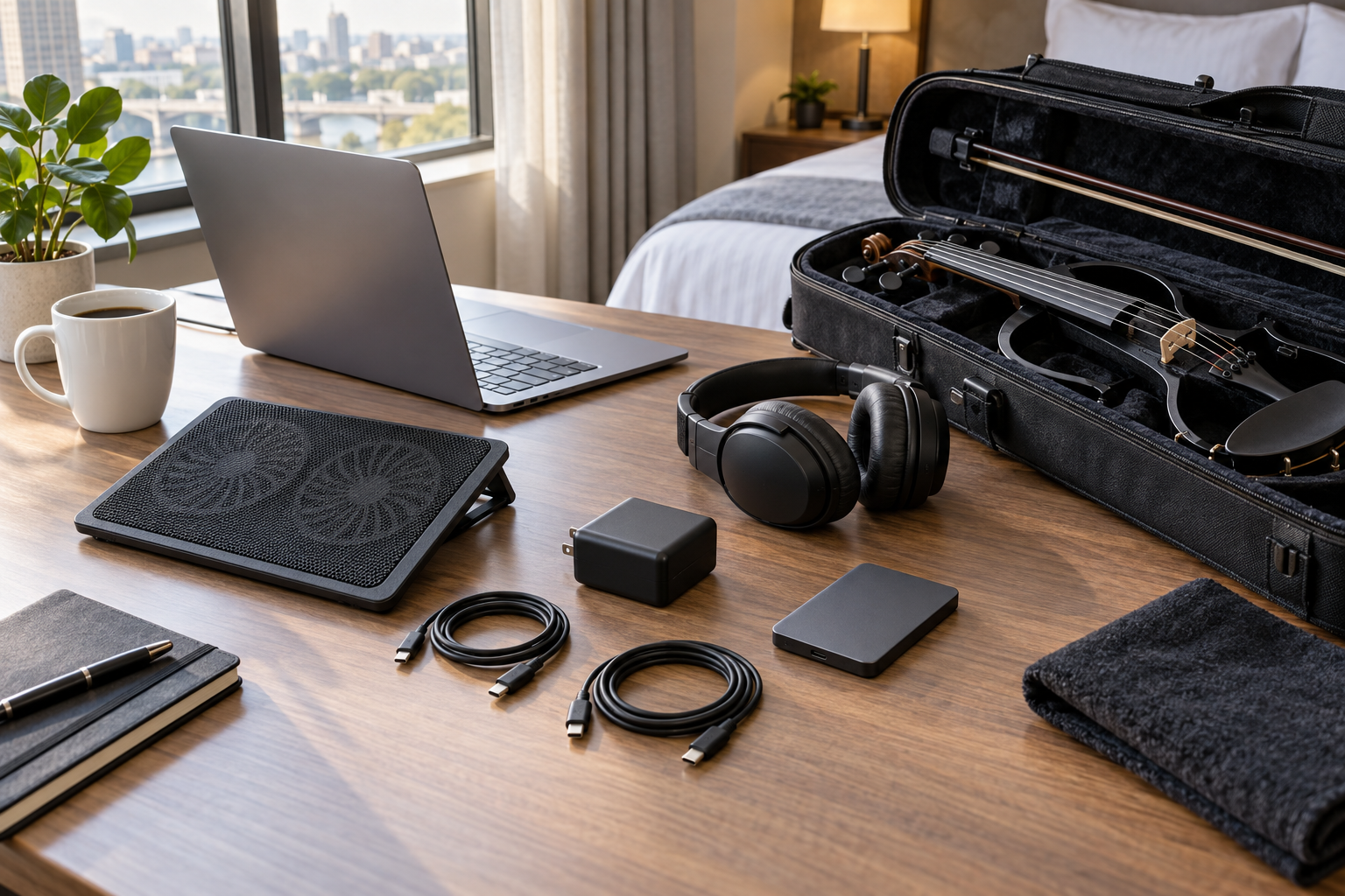 Travel-ready electric violin case с laptop cooling pad USB-C кабели слушалки и portable SSD