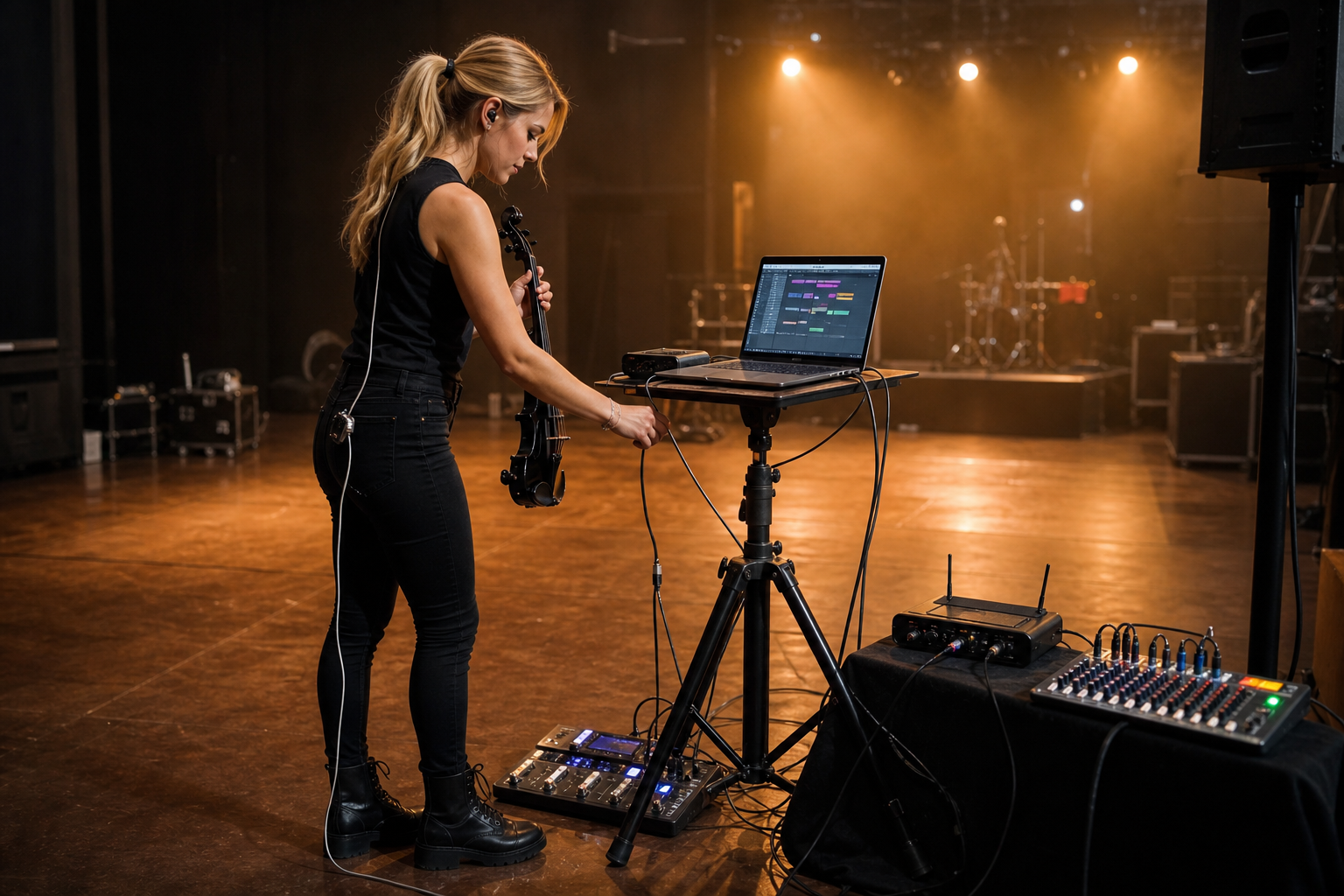 Electric violin сценичен setup с tripod laptop stand до pedalboard wireless receiver и compact mixer по време на soundcheck