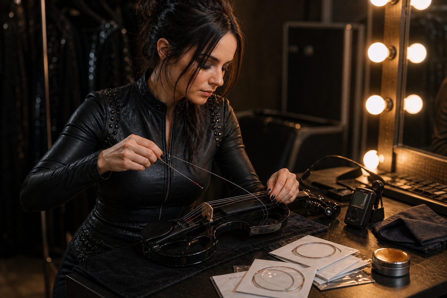 Професионална electric violin изпълнителка сменя струни на черна electric violin цигулка backstage под топли гримьорни светлини