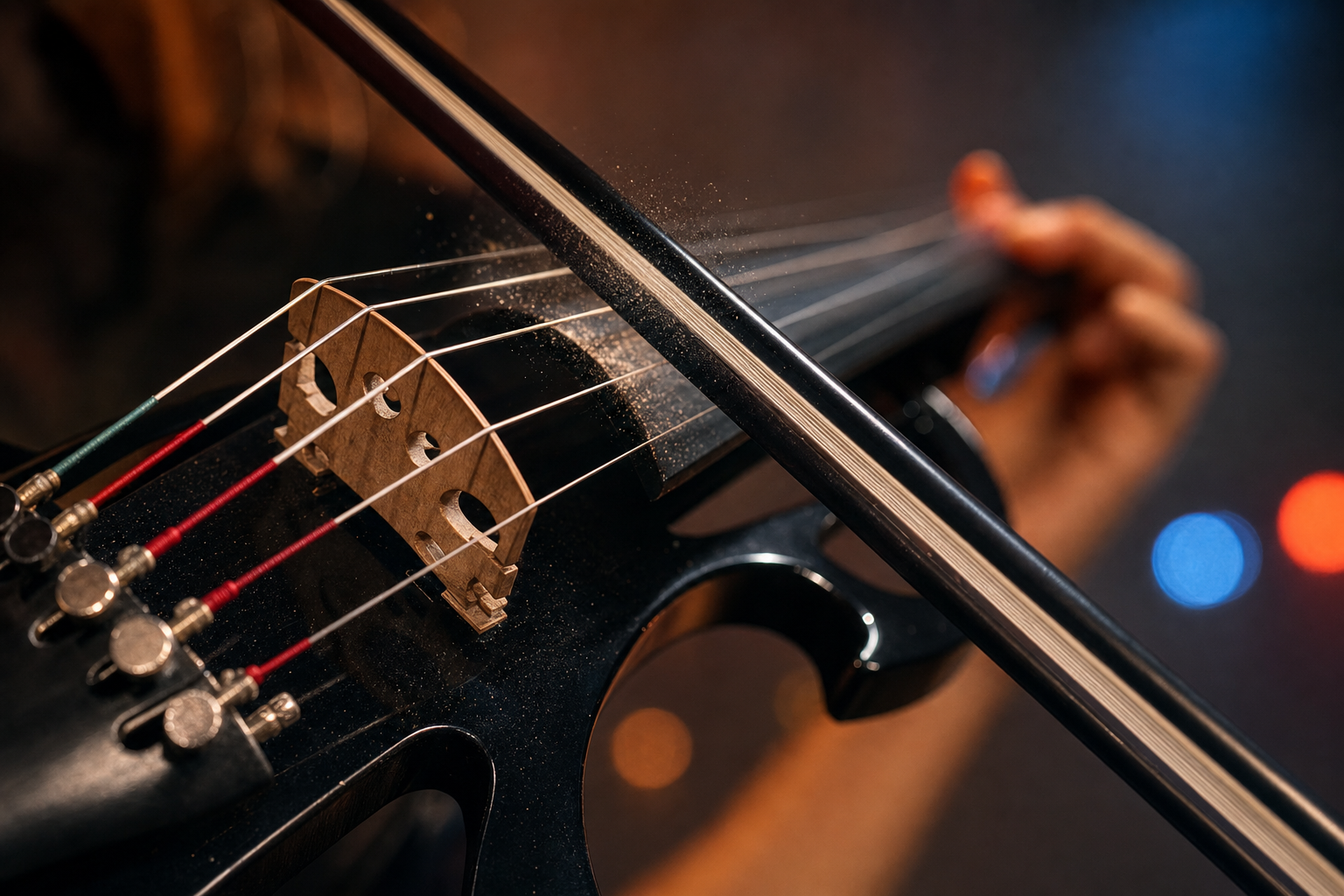 Макро близък кадър на нови electric violin струни, магаре и лък с частици колофон под концертна светлина
