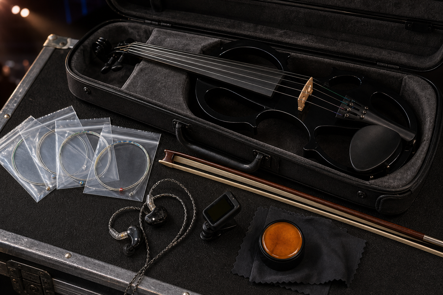 Отворен калъф с черна electric violin цигулка, резервни комплекти струни, лък, in-ear монитори, тунер и колофон за подготовка за участие