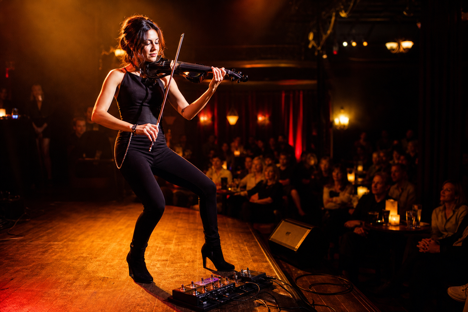 Electric violin performer on a club stage with a compact loop switcher pedalboard at her feet during a live set