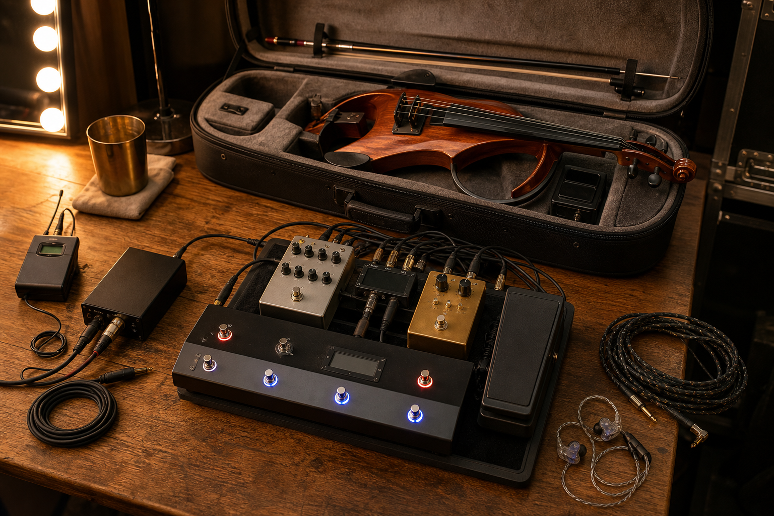 Backstage electric violin case open beside a tidy pedalboard with loop switcher, DI box, cables, wireless pack, and in-ear monitors