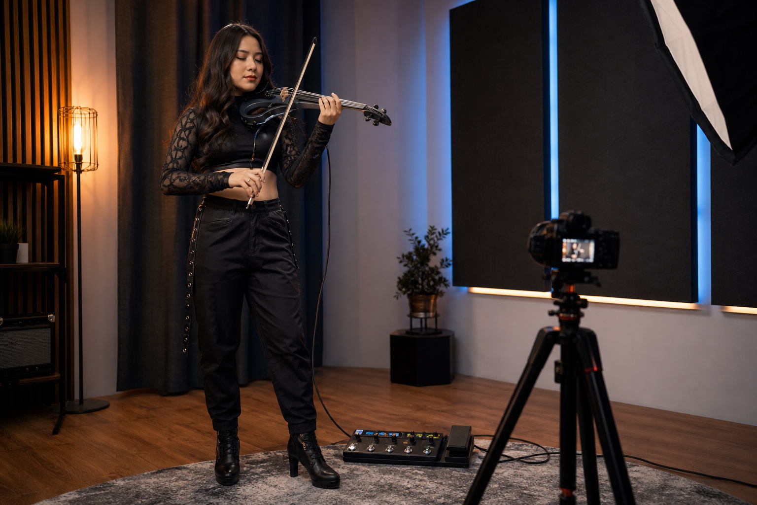 Electric violin content creator filming a studio performance with a camera tripod and loop switcher pedalboard visible on the floor