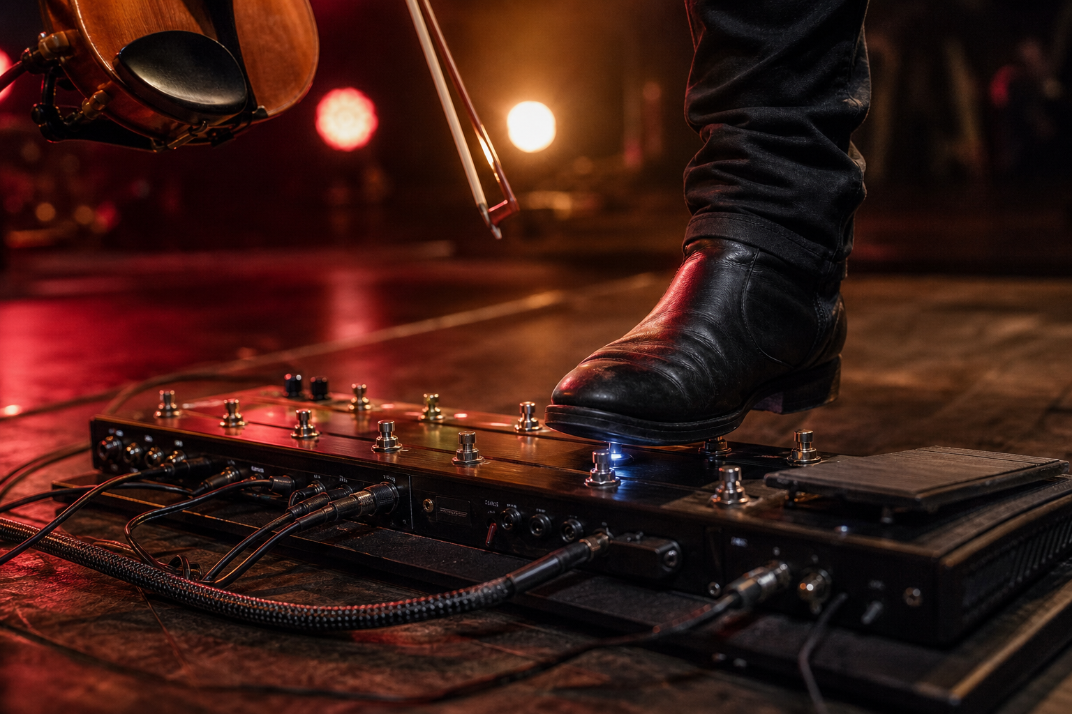 Close-up of a boot pressing a preset footswitch on a loop switcher during an electric violin show