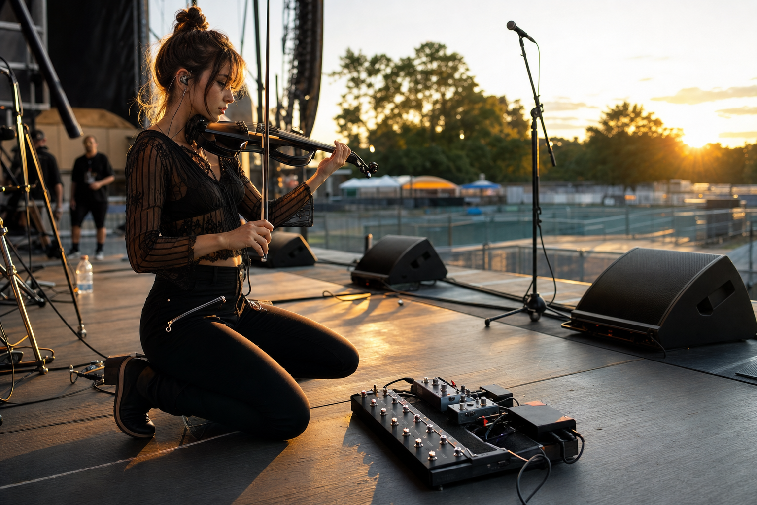 Electric violin performer kneeling on an outdoor festival stage during soundcheck with a loop switcher pedalboard in front of her