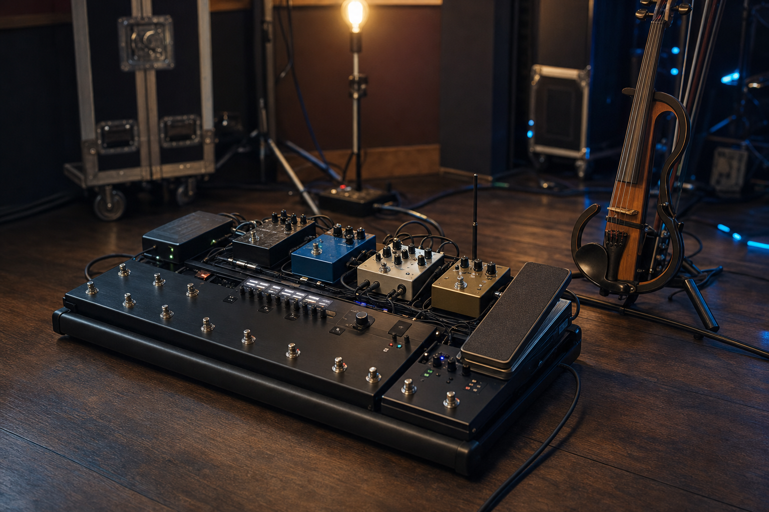 Large premium electric violin pedalboard with advanced loop switcher, expression pedal, and organized touring layout beside an electric violin on a stand