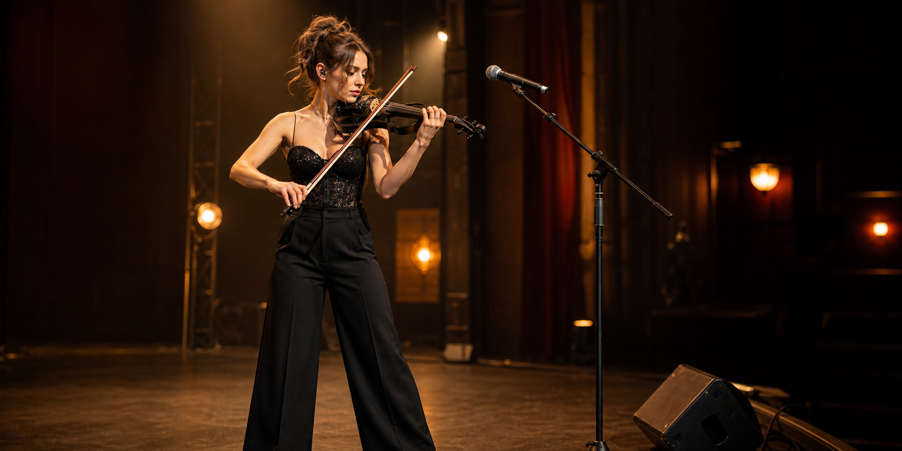 Electric violin изпълнител на топло осветена театрална сцена до професионална boom стойка за микрофон по време на soundcheck