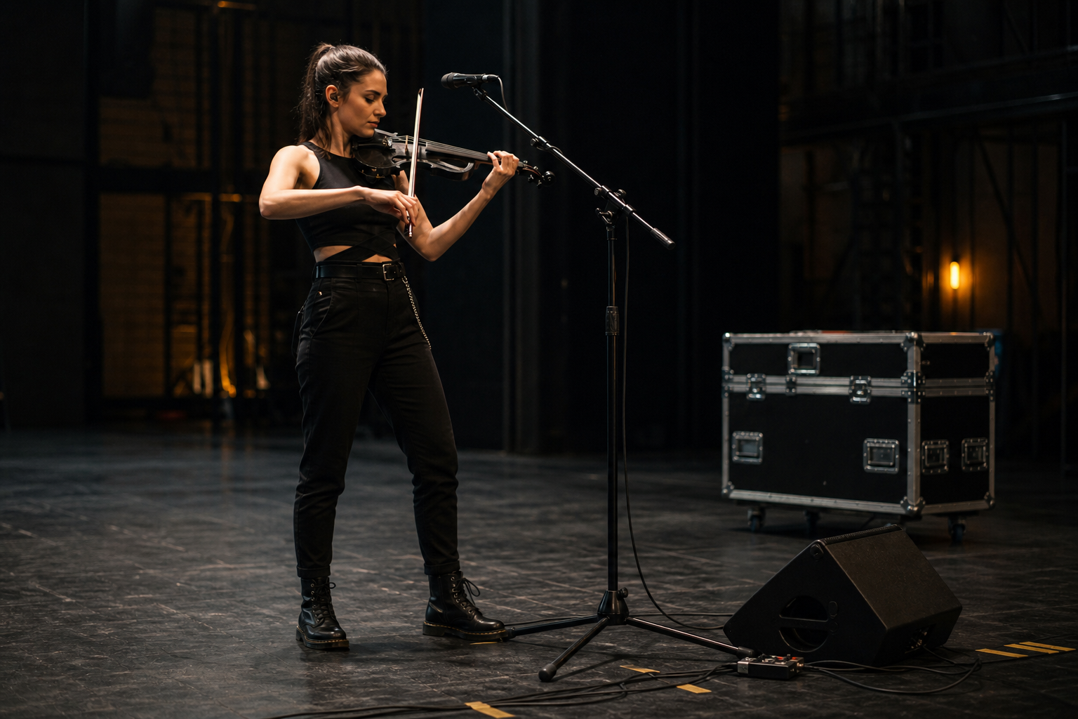 Electric violin изпълнител на тъмна театрална репетиционна сцена до здрава boom стойка за микрофон и flight case