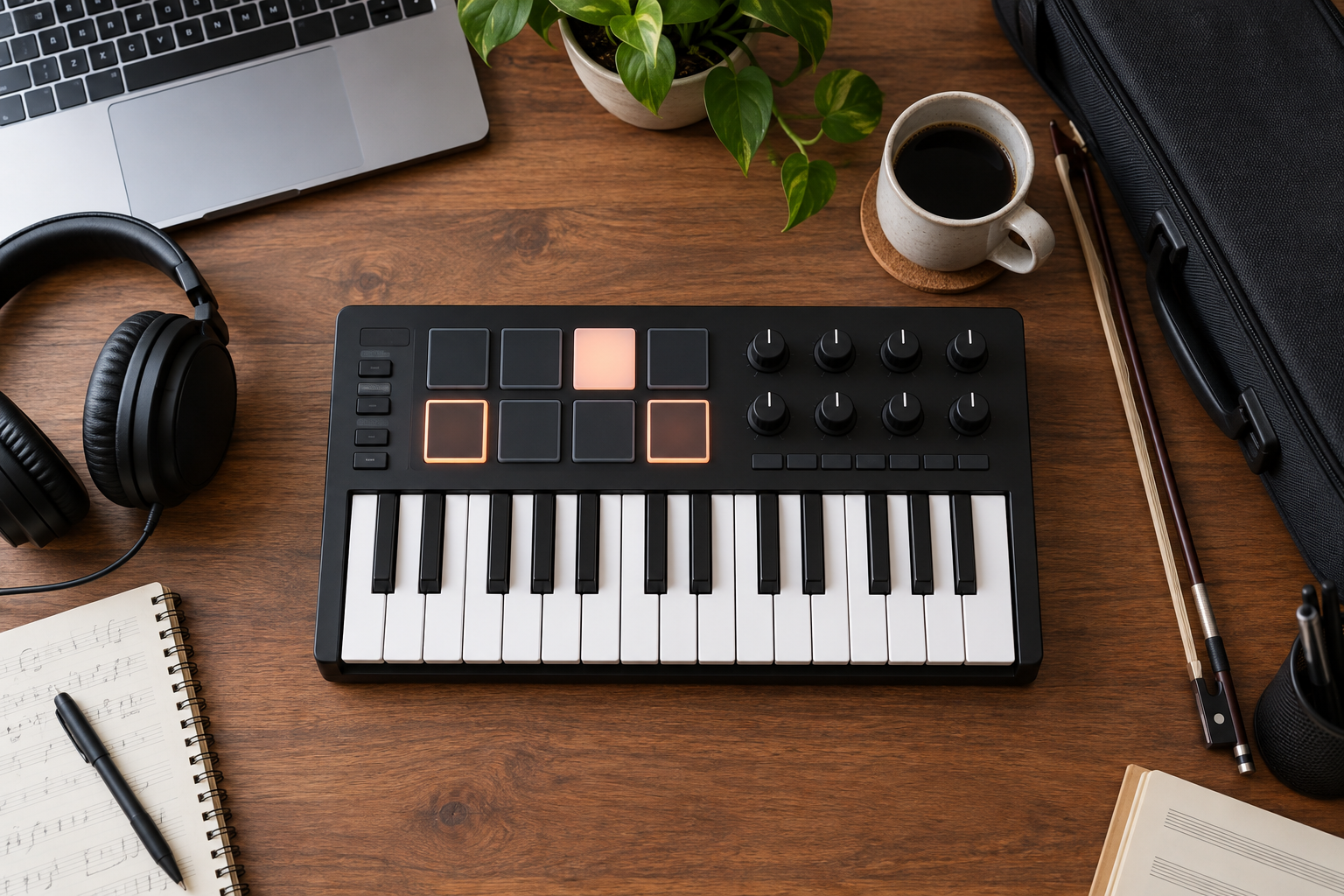 Компактна MIDI клавиатура с барабанни падове и контроли на бюро за цигулкови записи