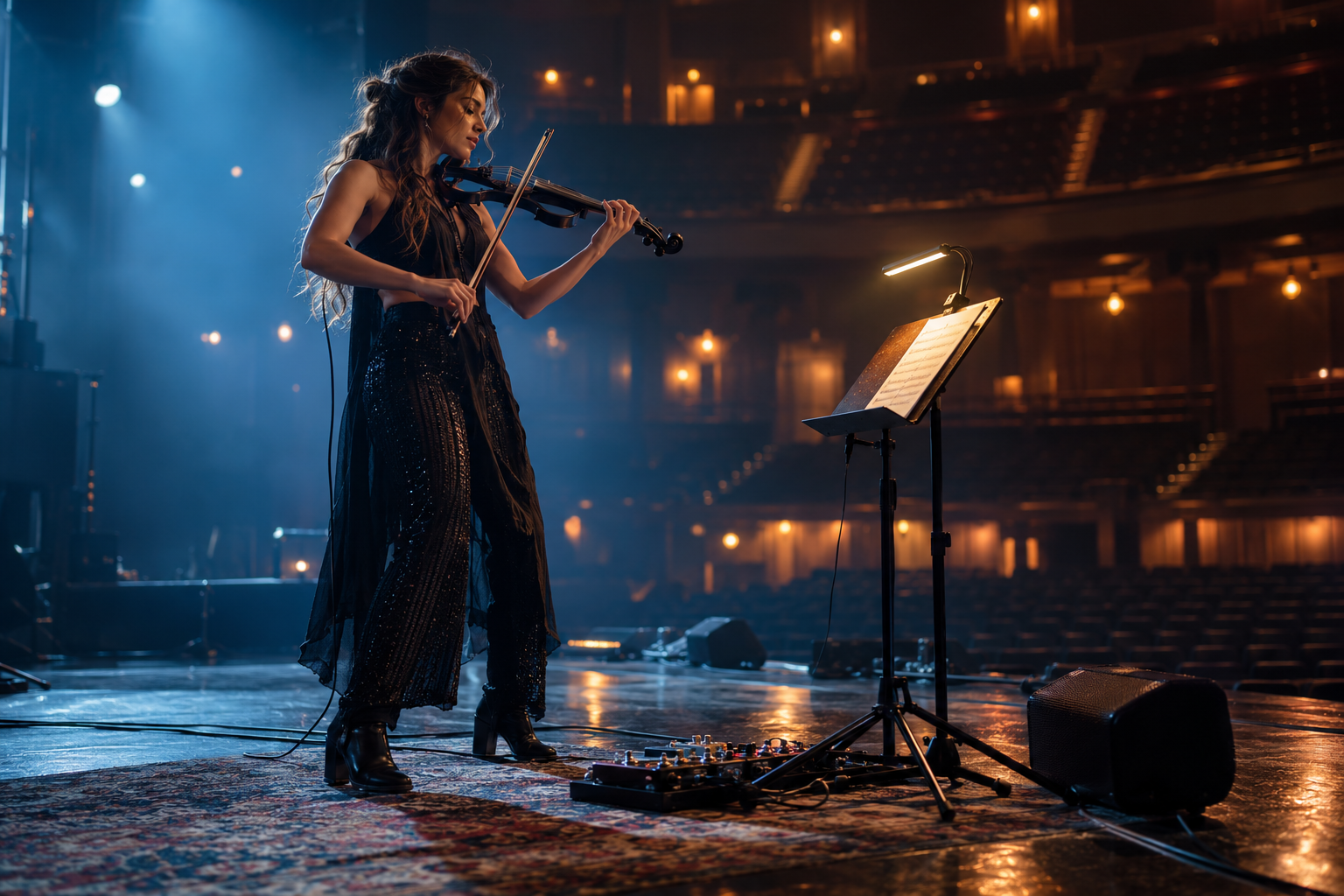 Electric violin performer using a compact music stand light during a dark concert stage performance