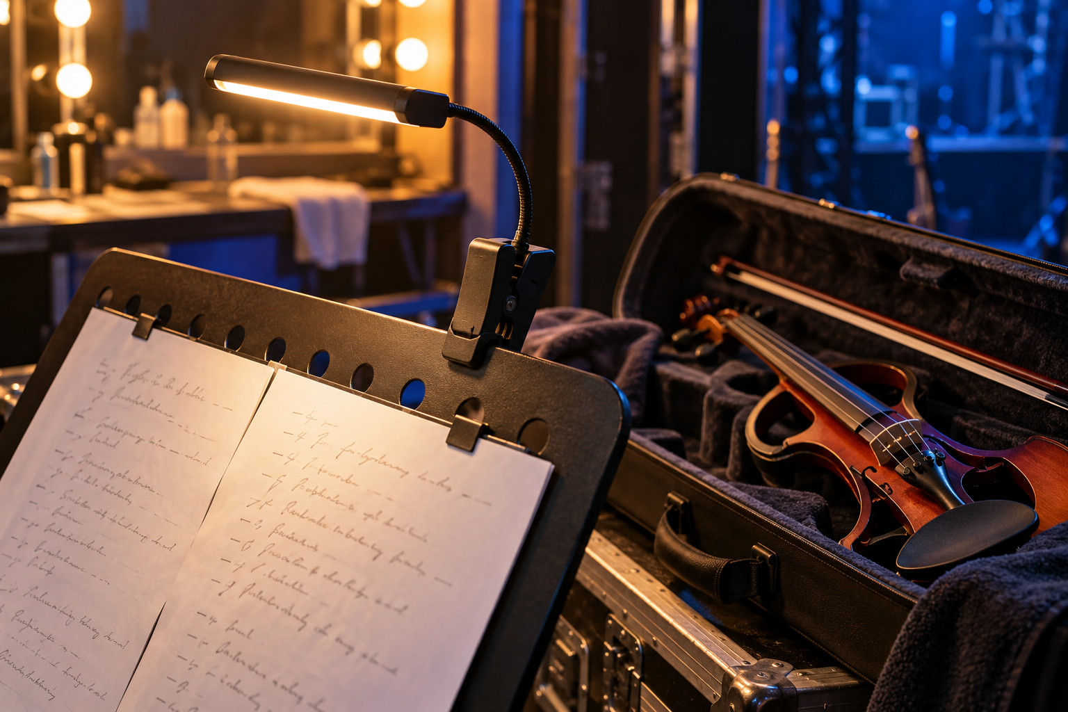 Compact clip-on music stand light clamped to a black folding stand beside electric violin gear backstage
