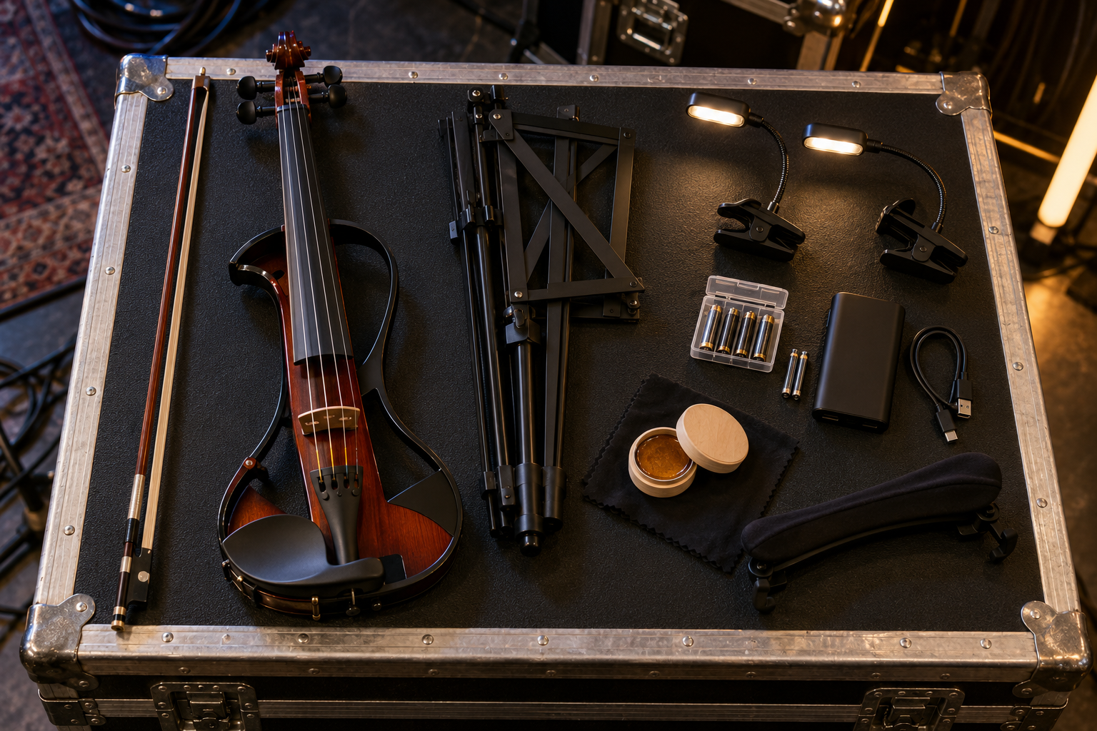 Electric violin touring kit with folding stand lights rechargeable batteries and road case arranged before a show
