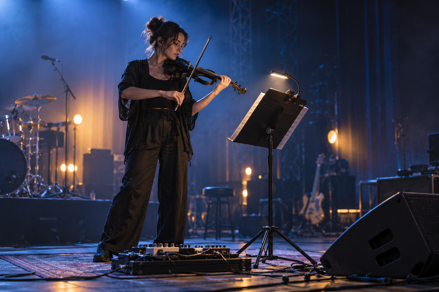 Electric violinist checking readable music on a lighted stand beside pedalboard during concert soundcheck