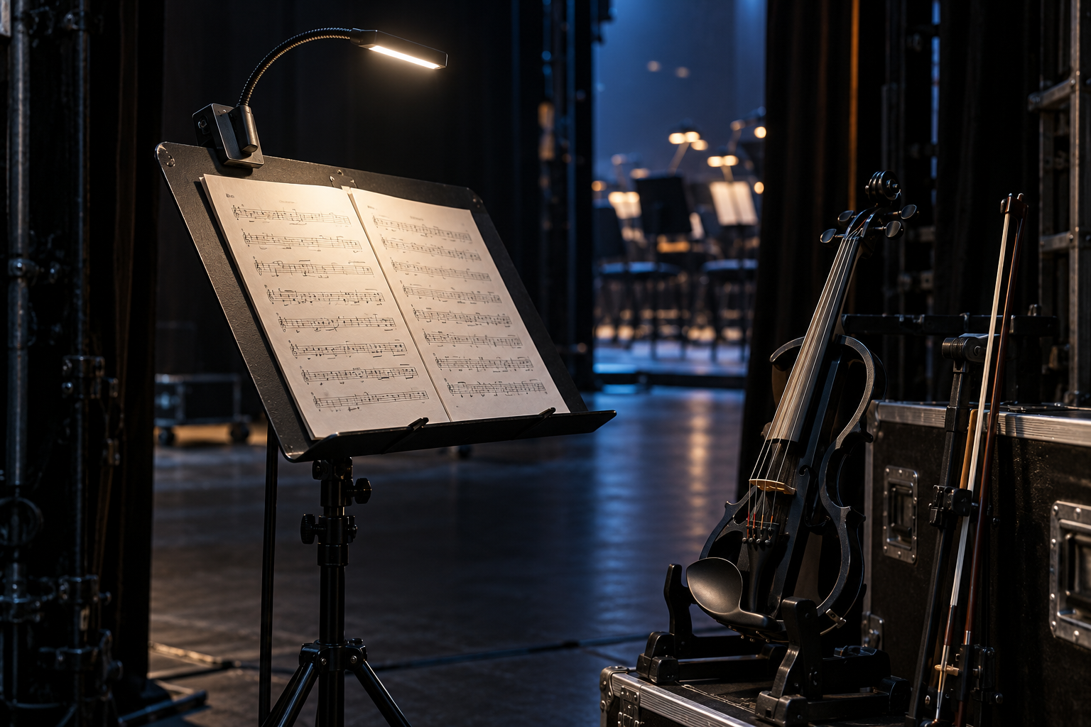 Flexible-neck LED music stand light illuminating an electric violin chart in a dark theatre wing