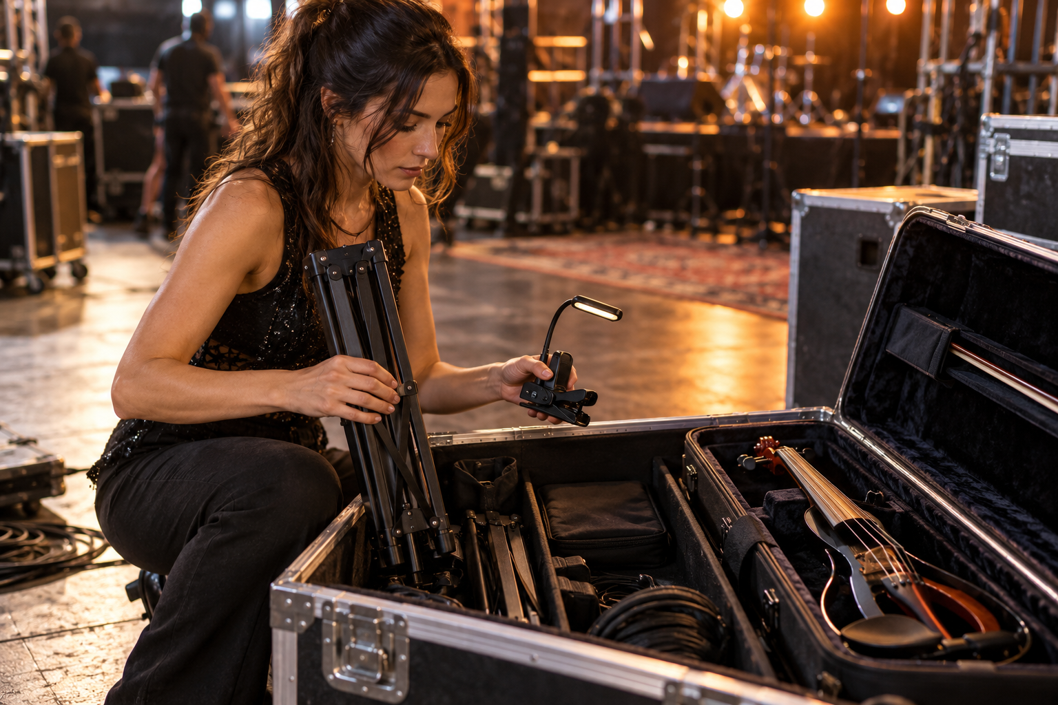 Electric violin performer packing a folding music stand and clip-on light into a road case after concert