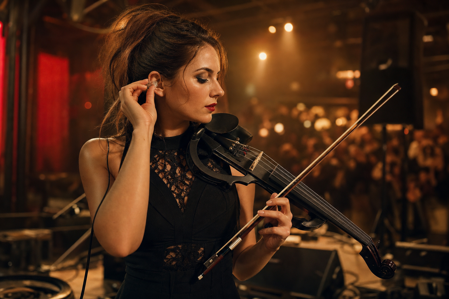 Electric violin изпълнителка поставя прозрачни musician earplugs преди силно клубно участие