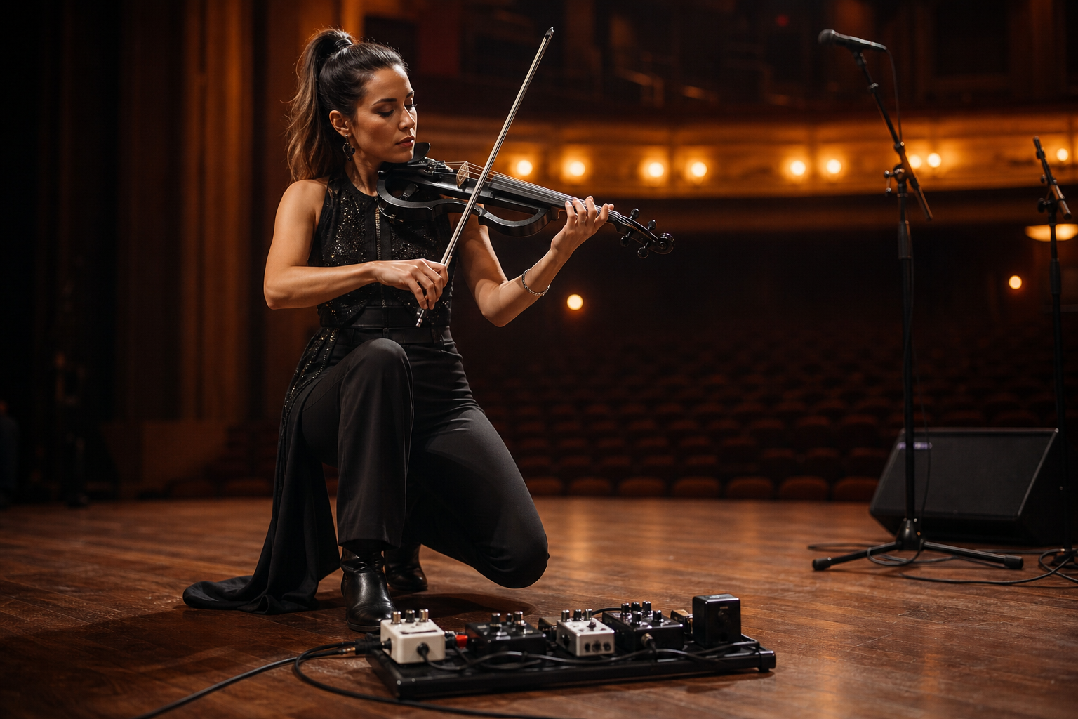 Electric violin изпълнител по време на театрален soundcheck с компактен pedalboard и noise gate педал на преден план