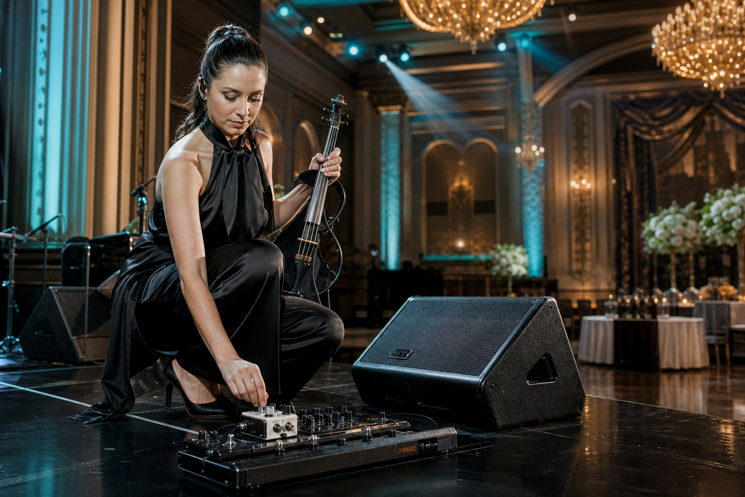 Electric violin изпълнител в бална зала тества компактен pitch pedal setup с stage wedge преди началото на официално събитие