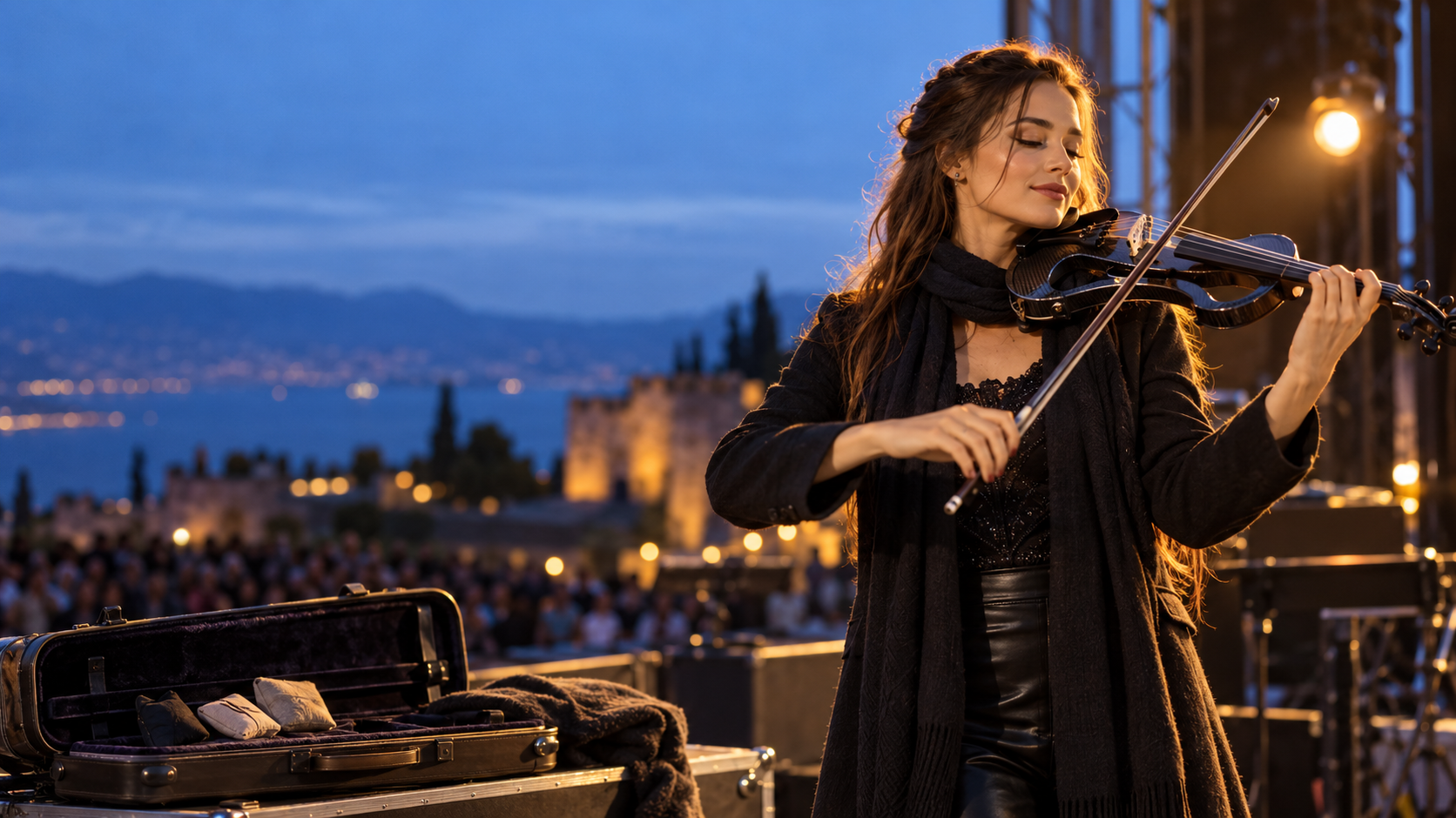 Electric violin performer playing an outdoor evening concert with a touring case and hand warmers nearby