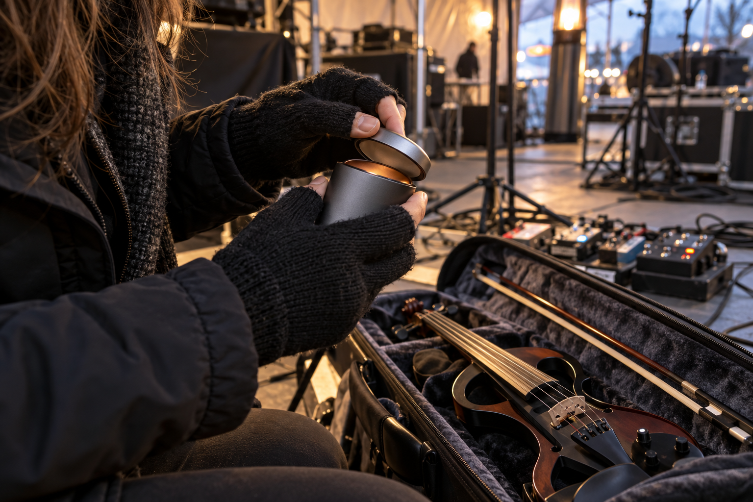 Musician opening a reusable hand warmer beside an electric violin case during cold outdoor soundcheck