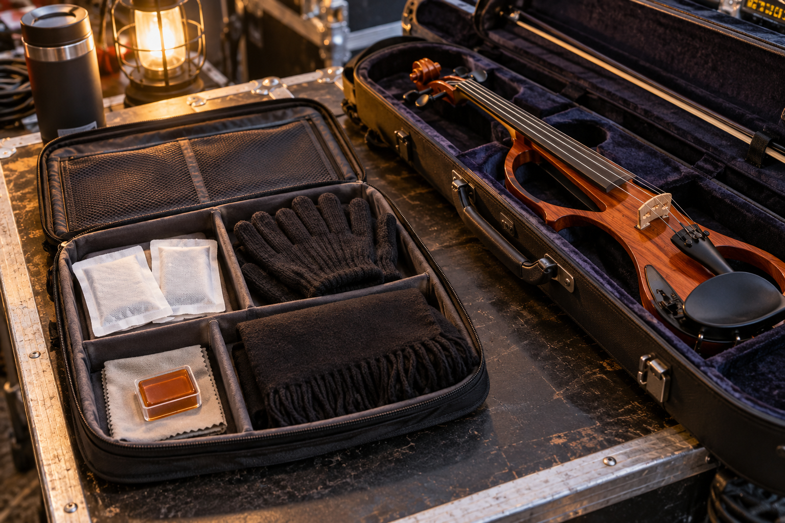 Organized electric violin touring pouch with gloves reusable warmers scarf and violin case backstage