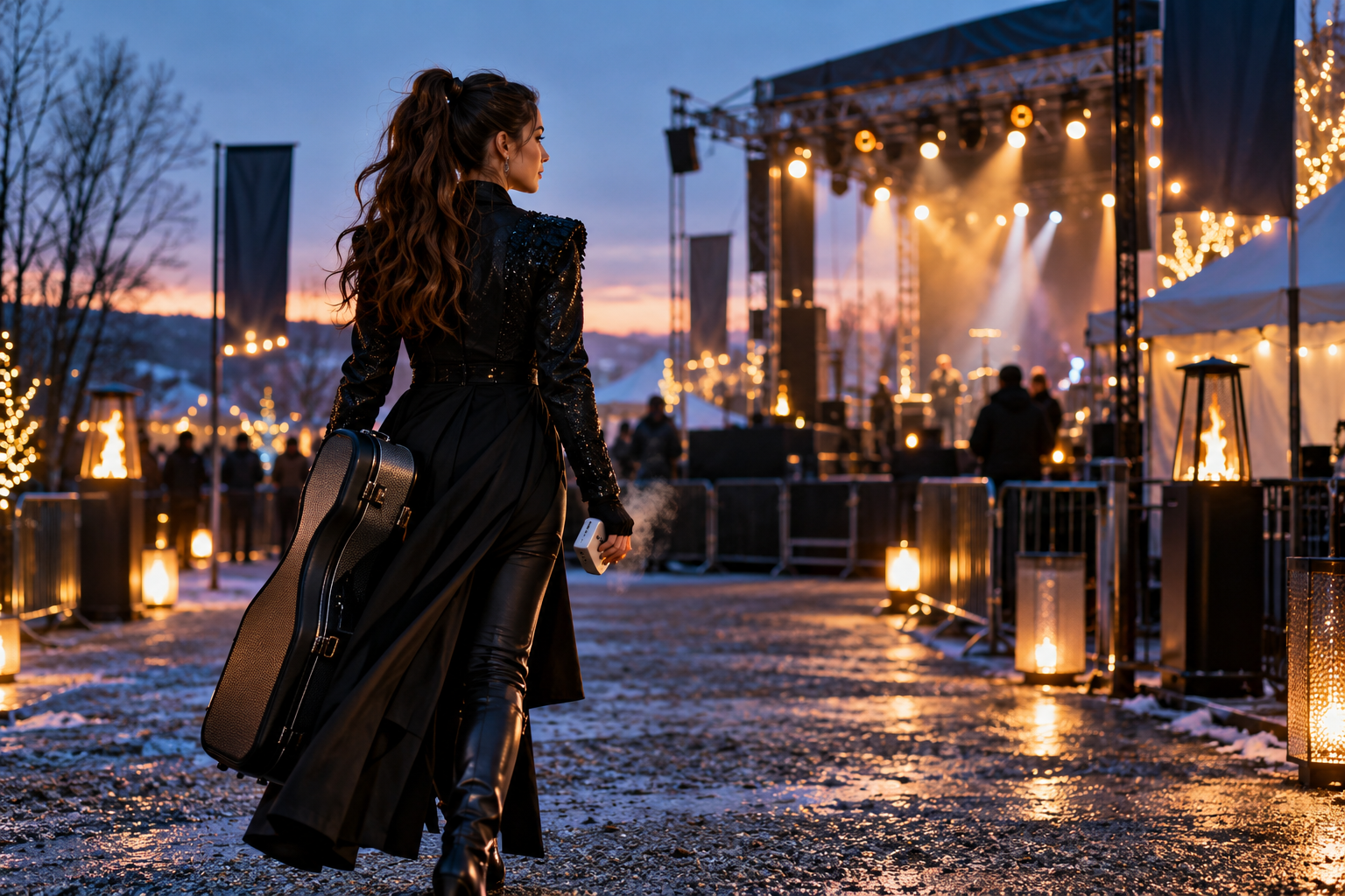 Electric violin artist walking toward a winter outdoor concert stage carrying a case and compact hand warmers