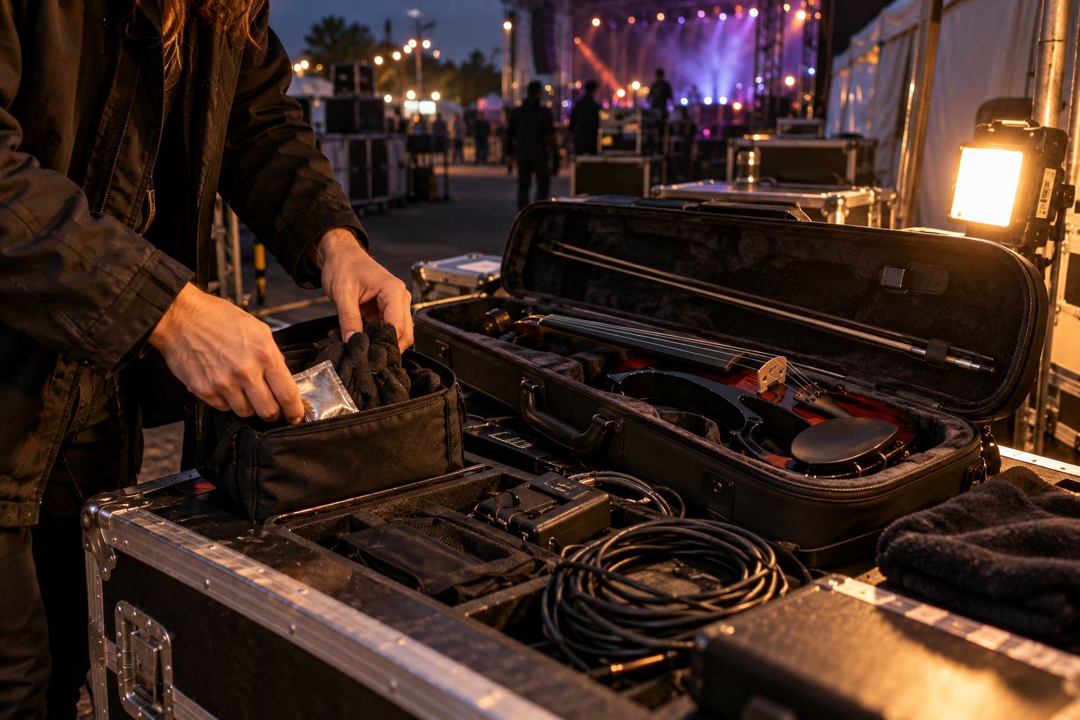 Electric violin touring case and hand warmer pouch being packed after an outdoor festival performance