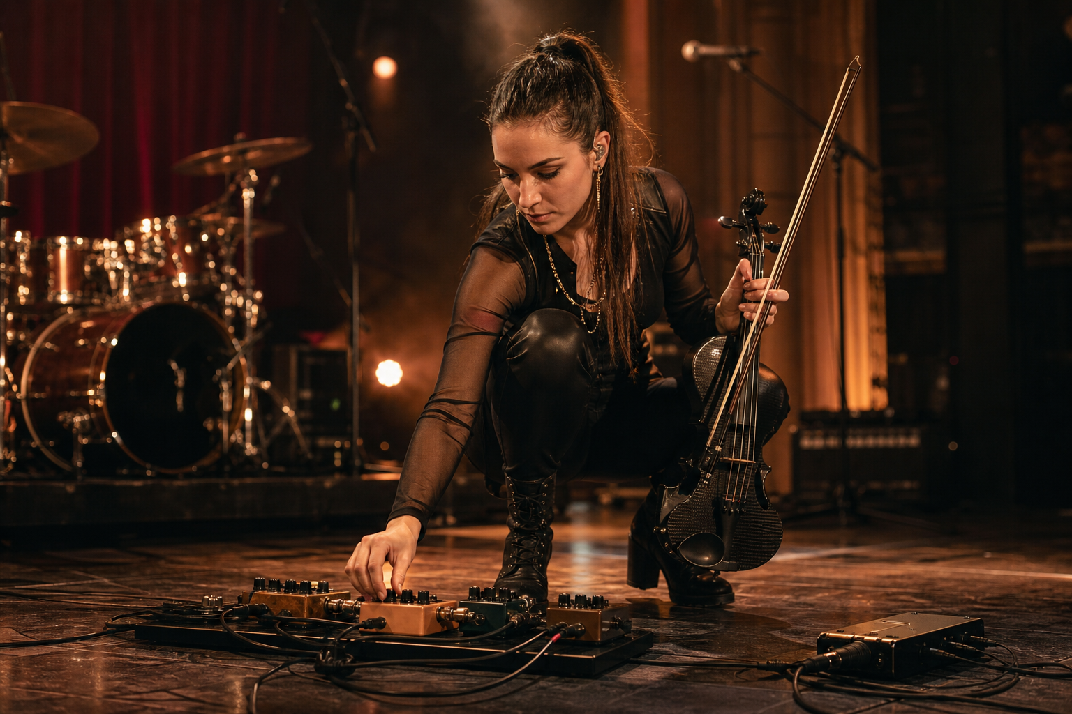 Electric violin performer dialing in a compact overdrive pedalboard on a warm concert stage before a live show