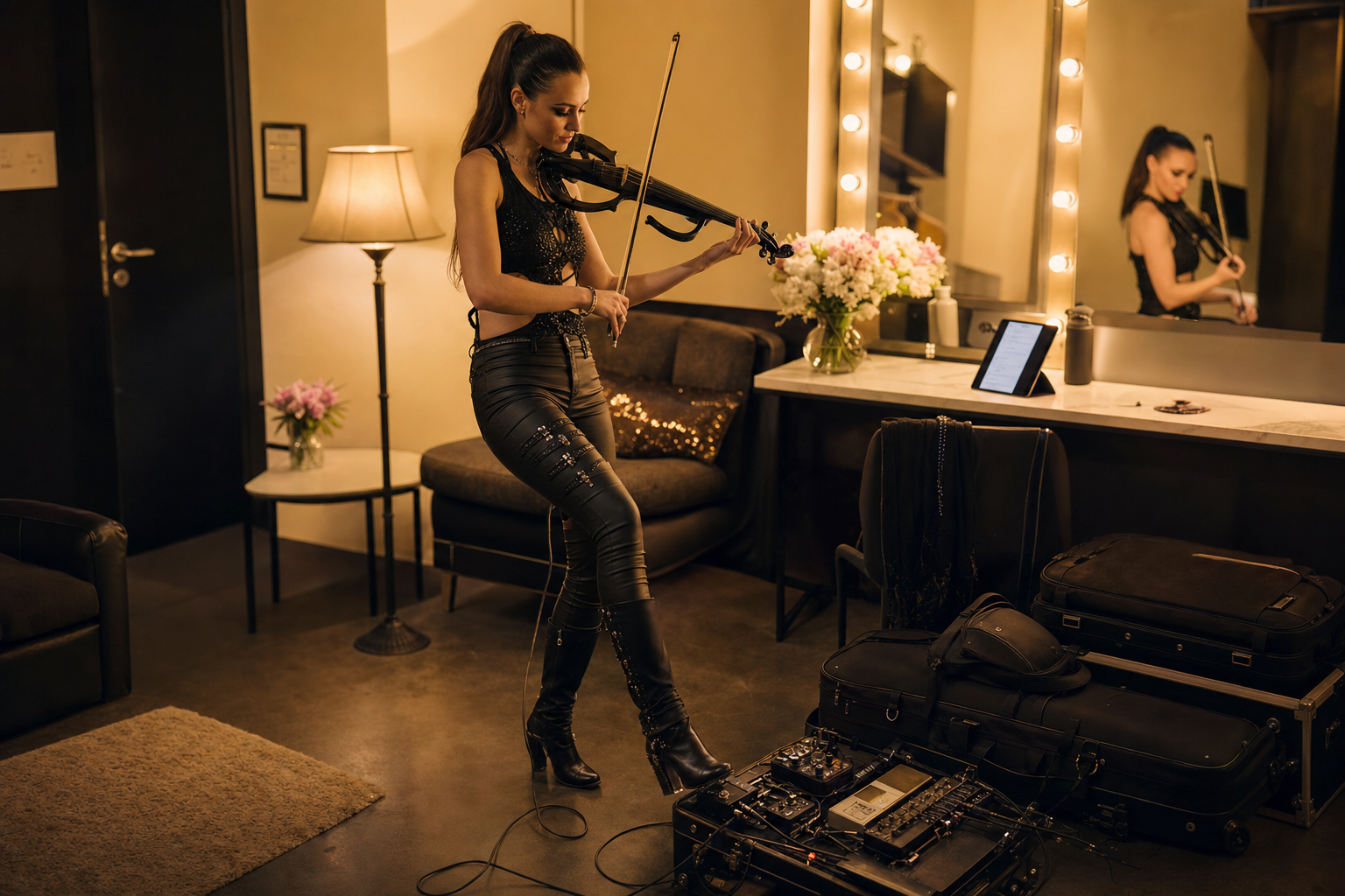 Electric violinist rehearsing in a backstage dressing room with a pedalboard full of generic overdrive pedals and set list tablet