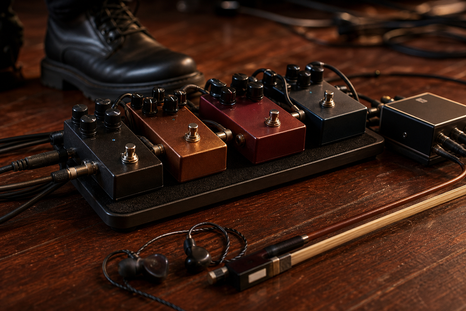 Close-up of a compact electric violin pedalboard with several generic overdrive pedals next to a bow and in-ear monitors
