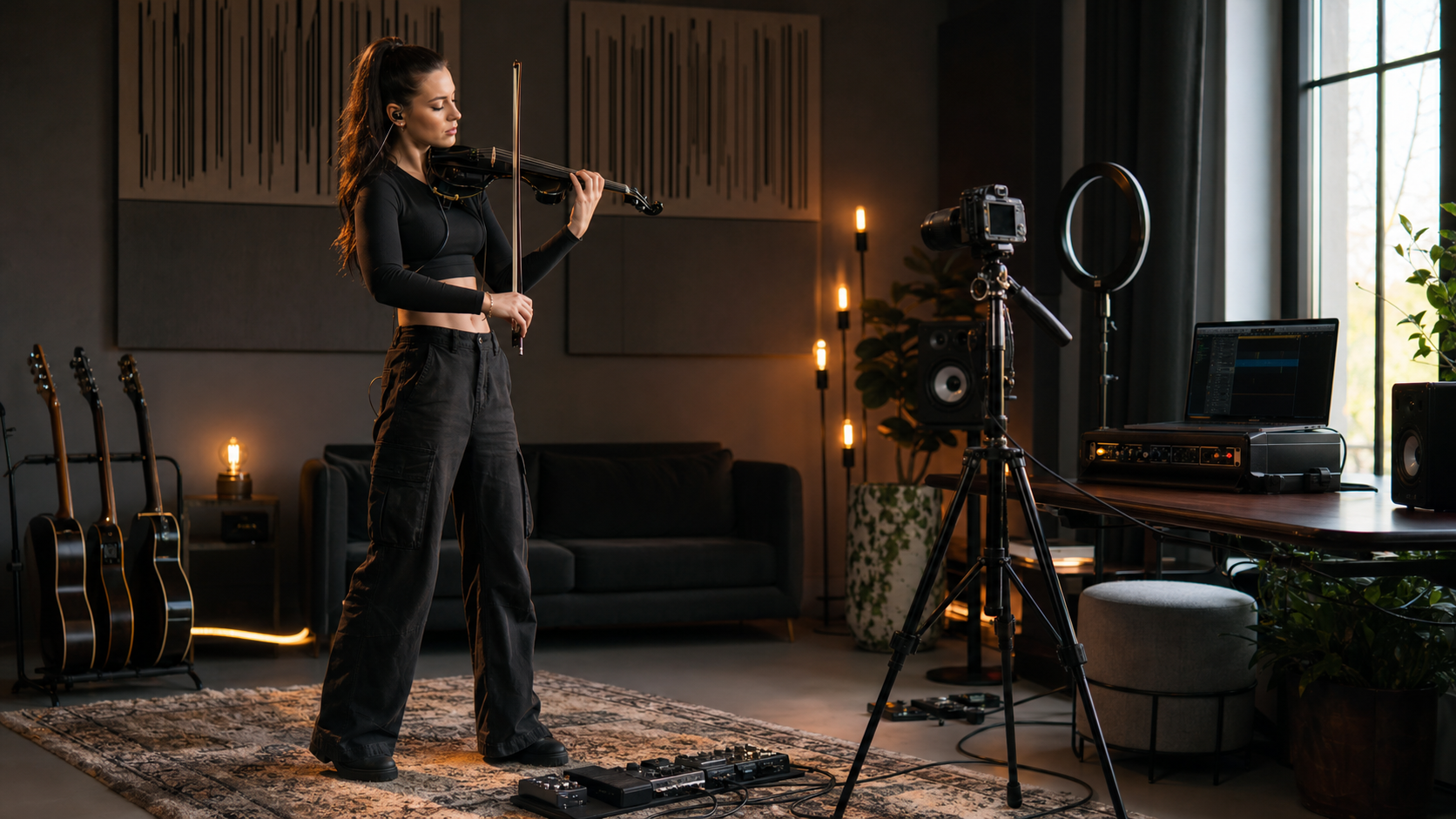 Electric violin content creator recording a live-style studio take with a camera tripod and compact overdrive pedalboard on a rug