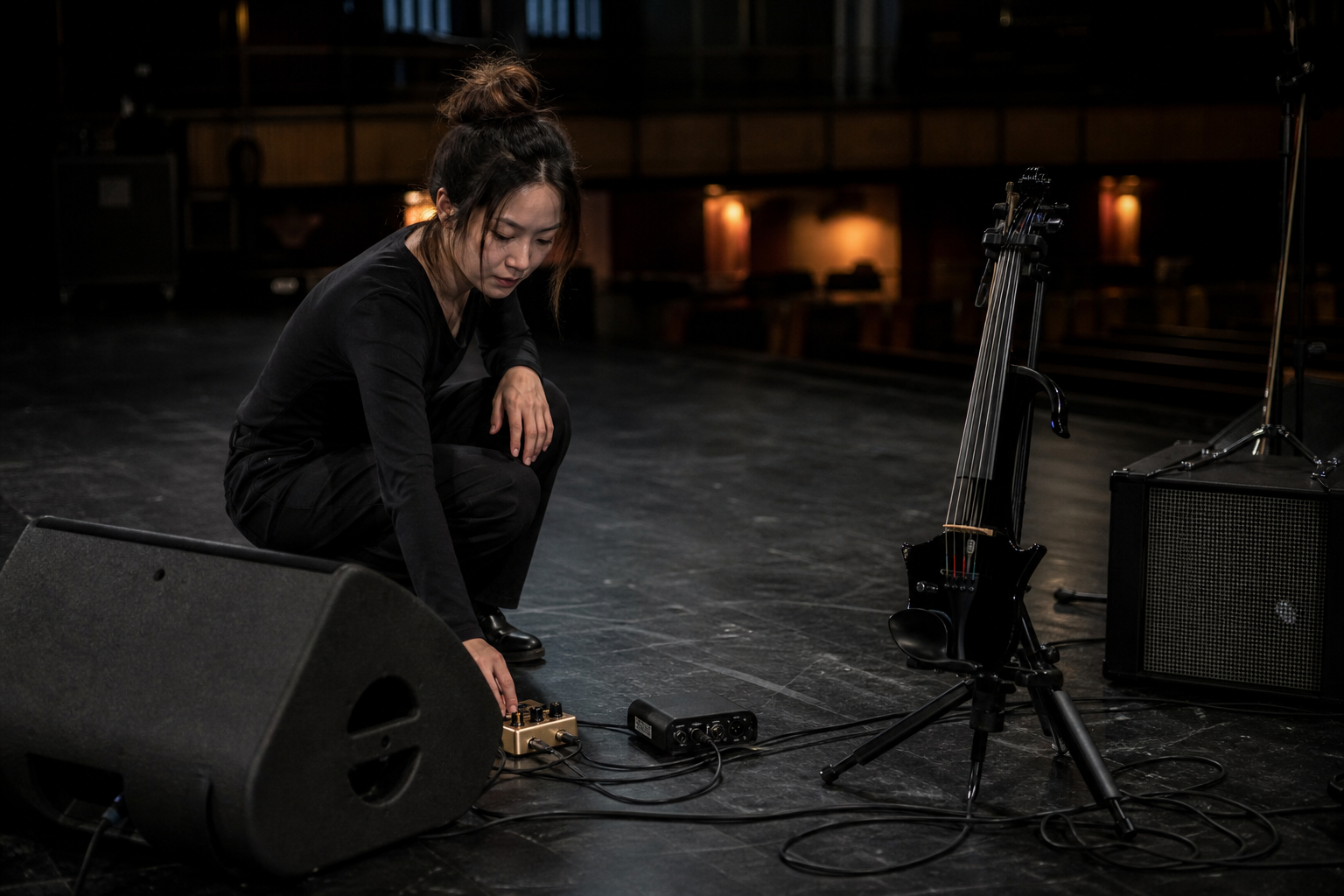 Electric violinist during an empty-venue line check adjusting a single generic overdrive pedal beside a DI box and monitor wedge