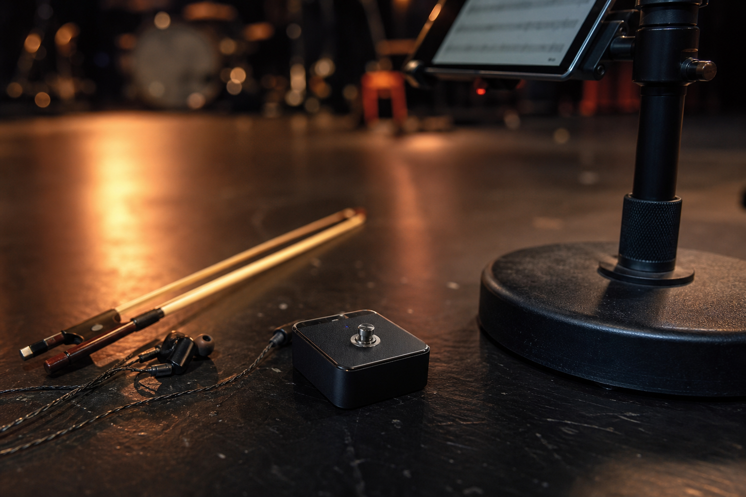 Compact Bluetooth page-turner pedal on a dark theater floor beside an electric violin bow, in-ear monitors, and a mounted tablet stand
