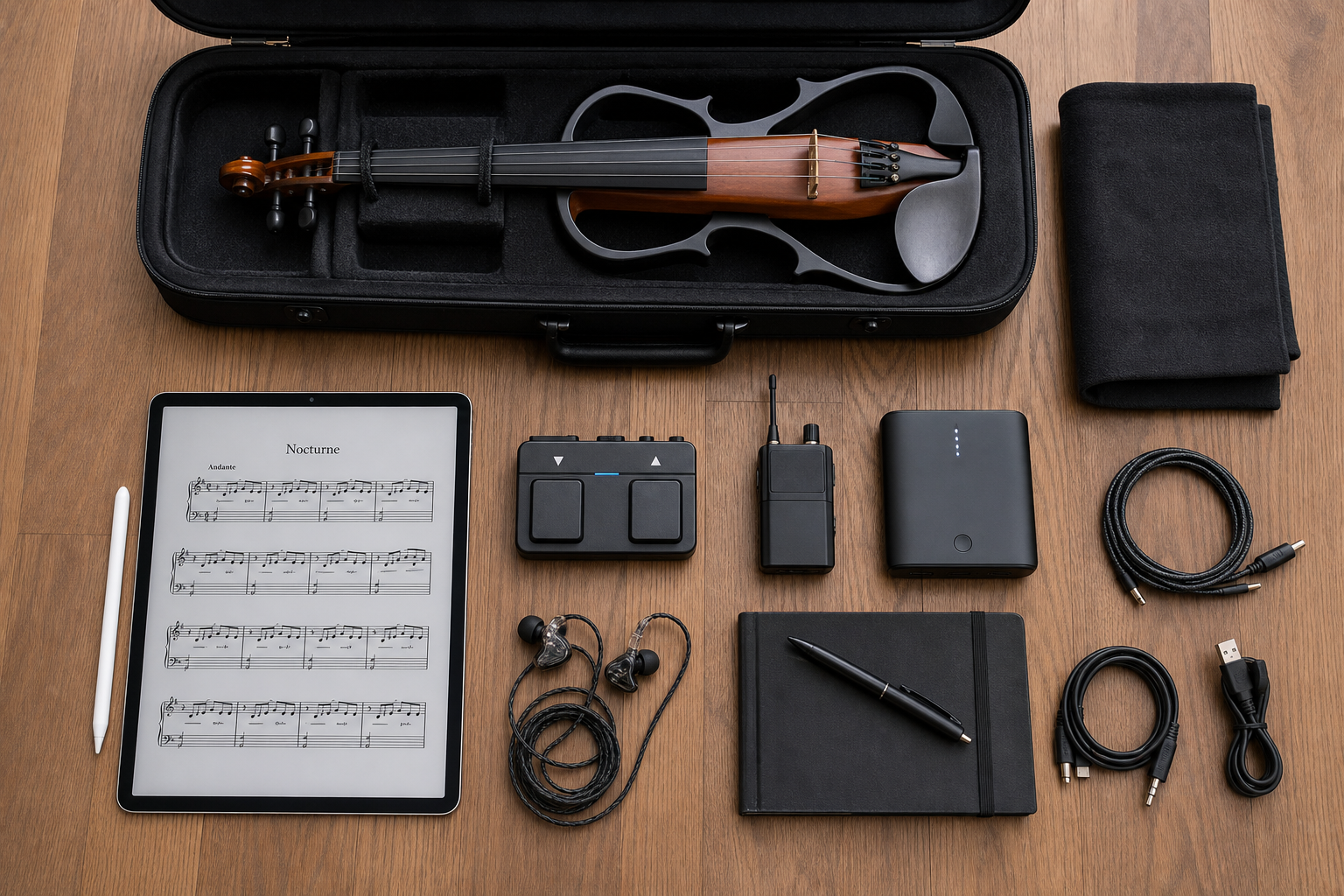 Travel-ready electric violin kit with tablet, Bluetooth page-turner pedal, wireless pack, power bank, and organized accessories