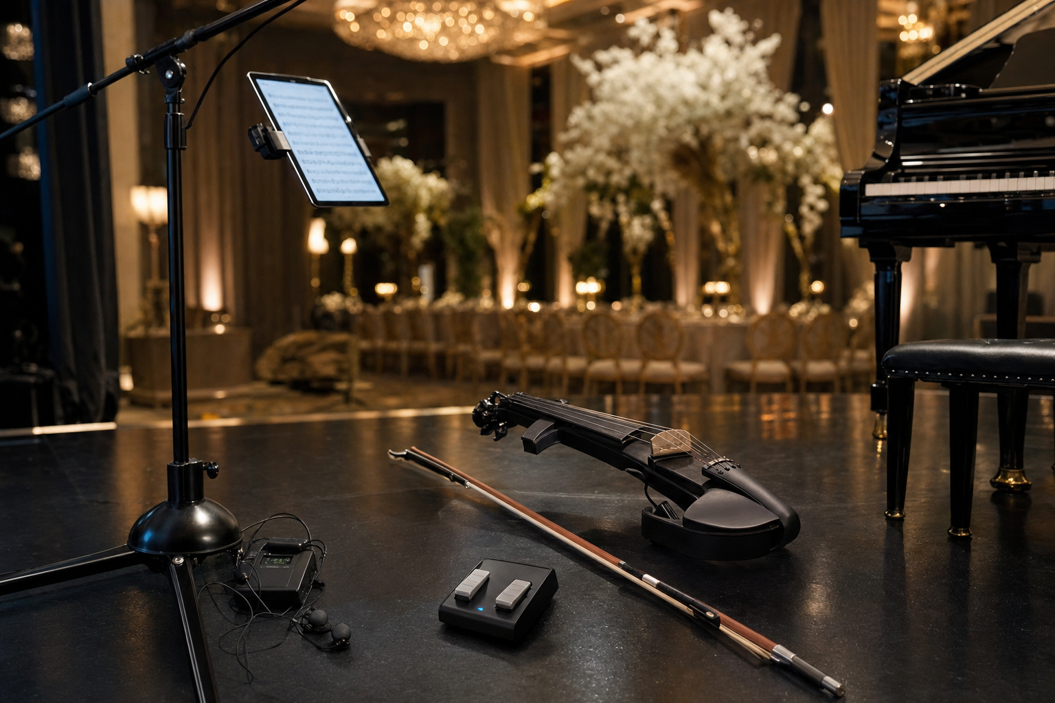 Elegant electric violin stage setup with mounted tablet, quiet Bluetooth page-turner pedal, in-ear pack, and bow before guests arrive
