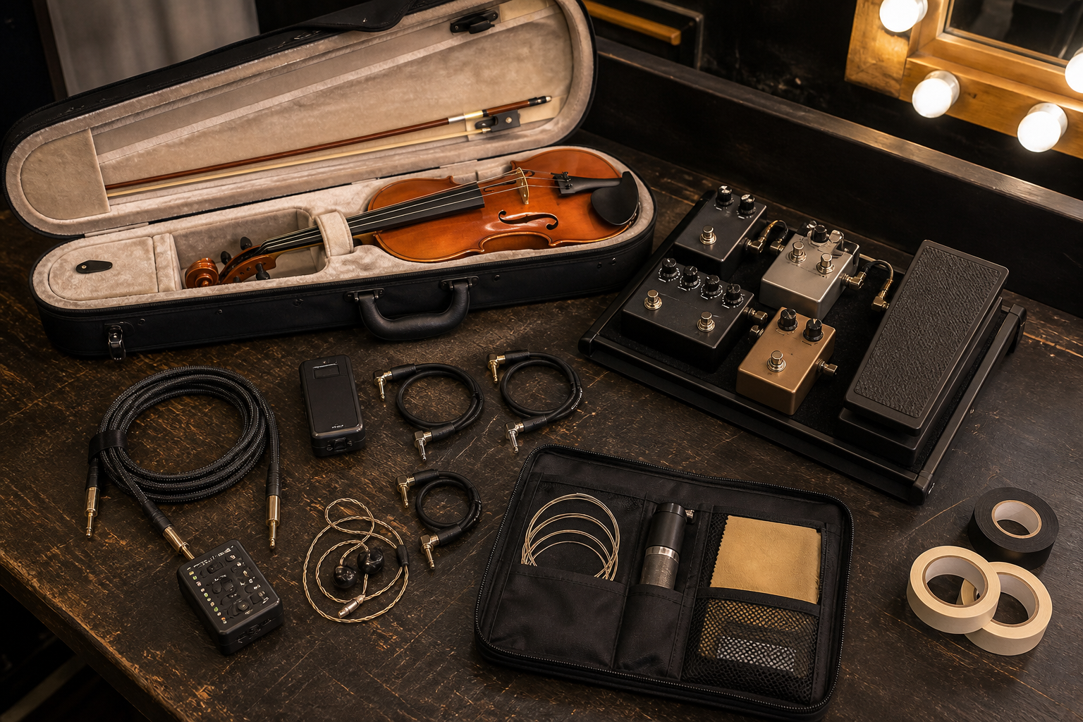 Отворен electric violin калъф backstage до компактен pedalboard с резервни patch cables, in-ear monitors и подредени аксесоари