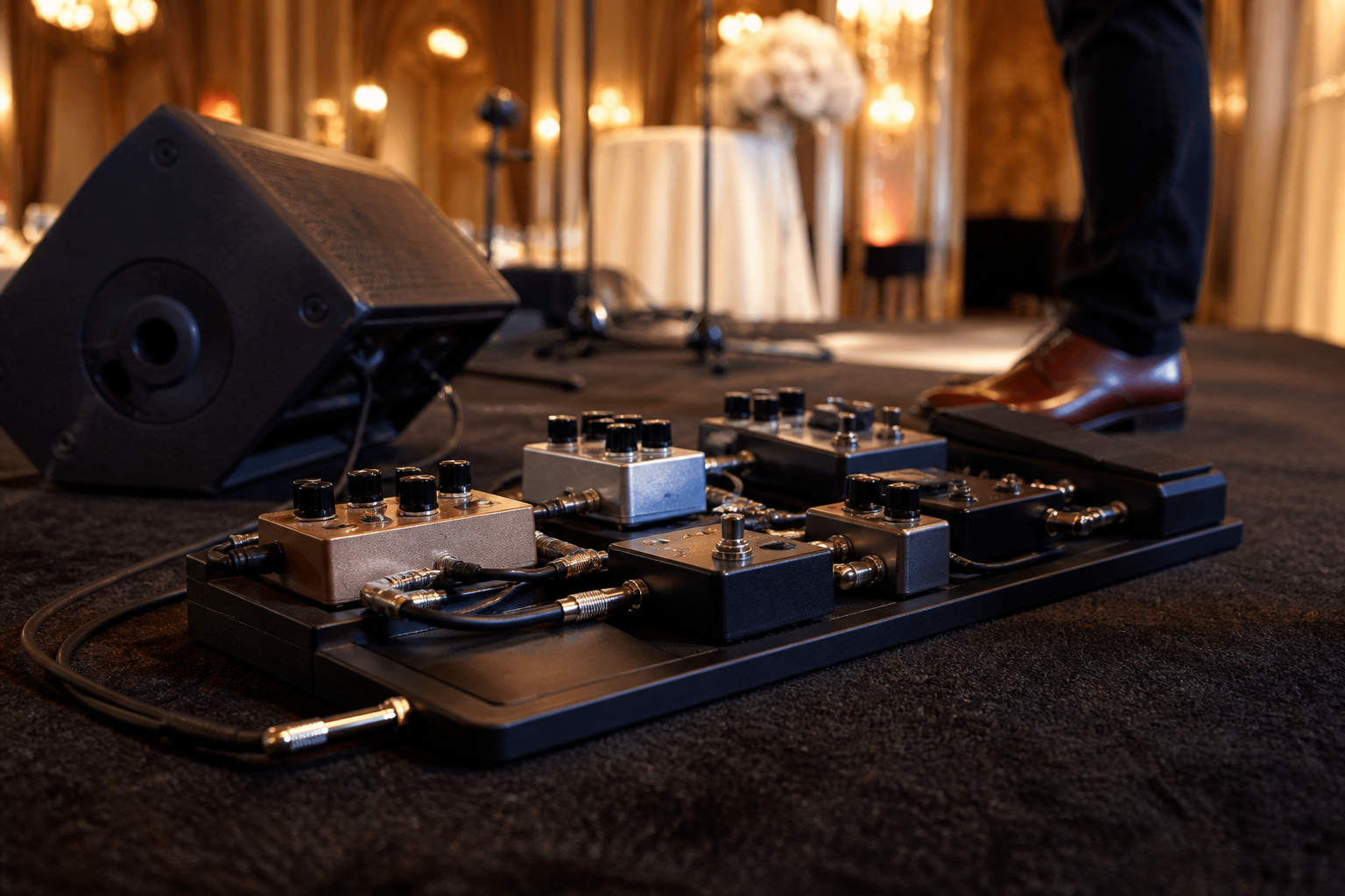 Нисък soundcheck изглед към компактен electric violin pedalboard до stage wedge с подредени къси patch cables и ясен foot access