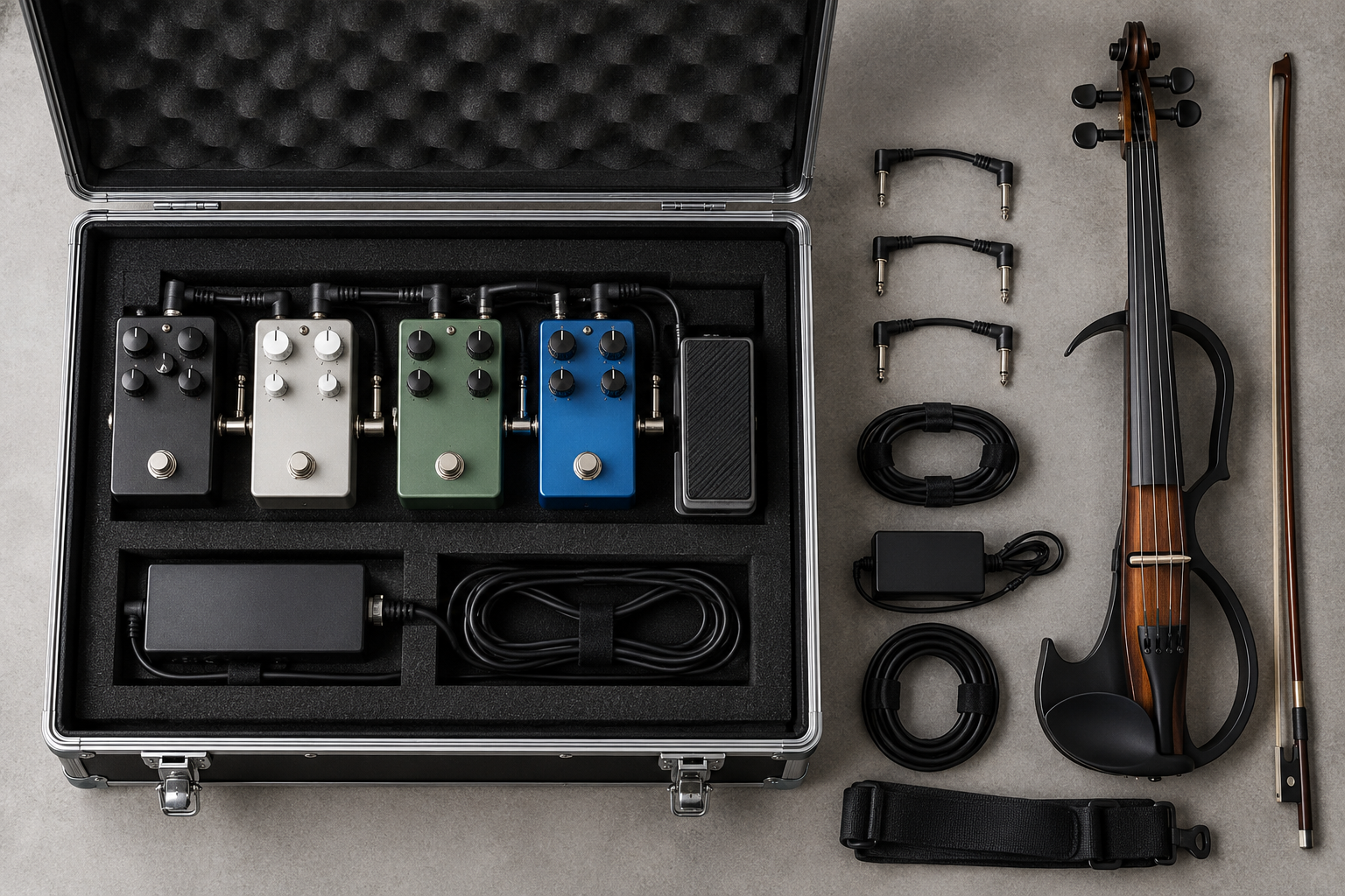 Top-down electric violin pedalboard packing layout with foam-lined flight case and cables