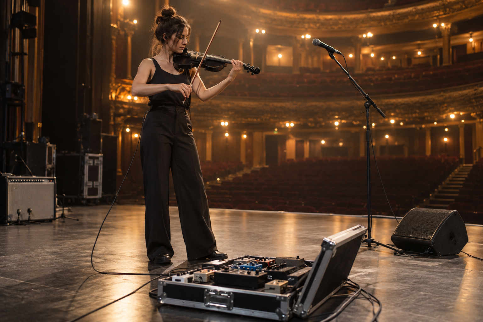 Electric violinist soundchecking beside an open pedalboard flight case on concert stage